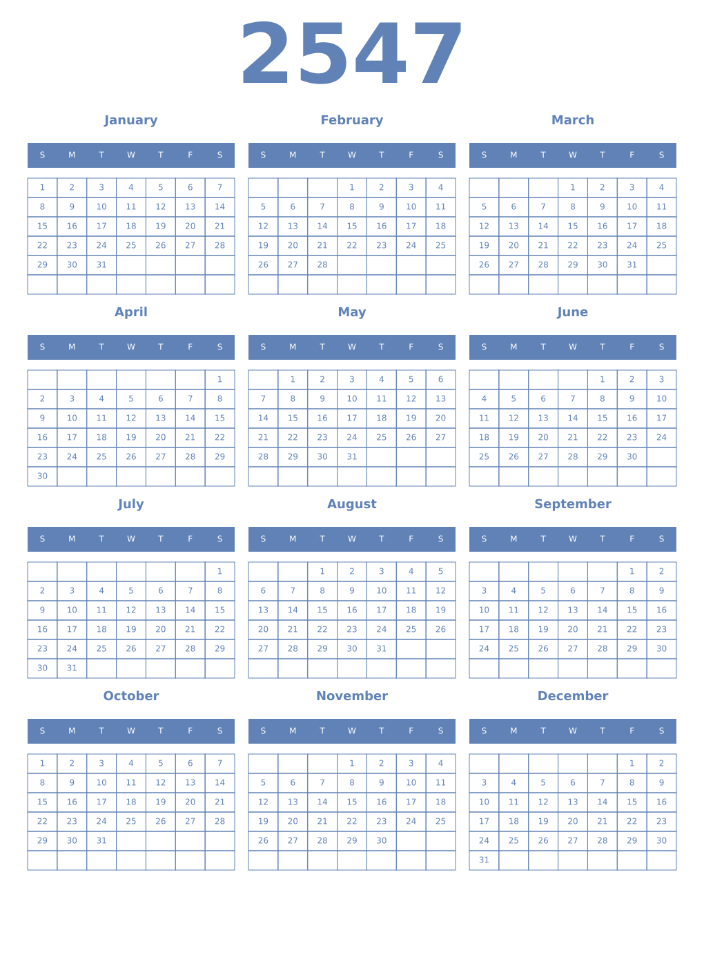 Printable 2547 Year Calendars glaucous