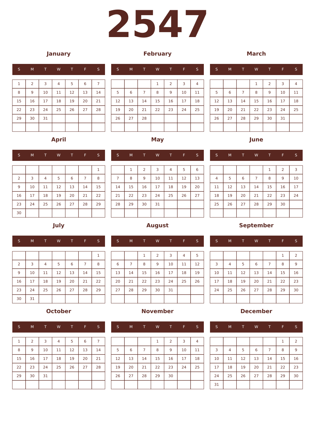 Printable 2547 Year Calendars mortuum