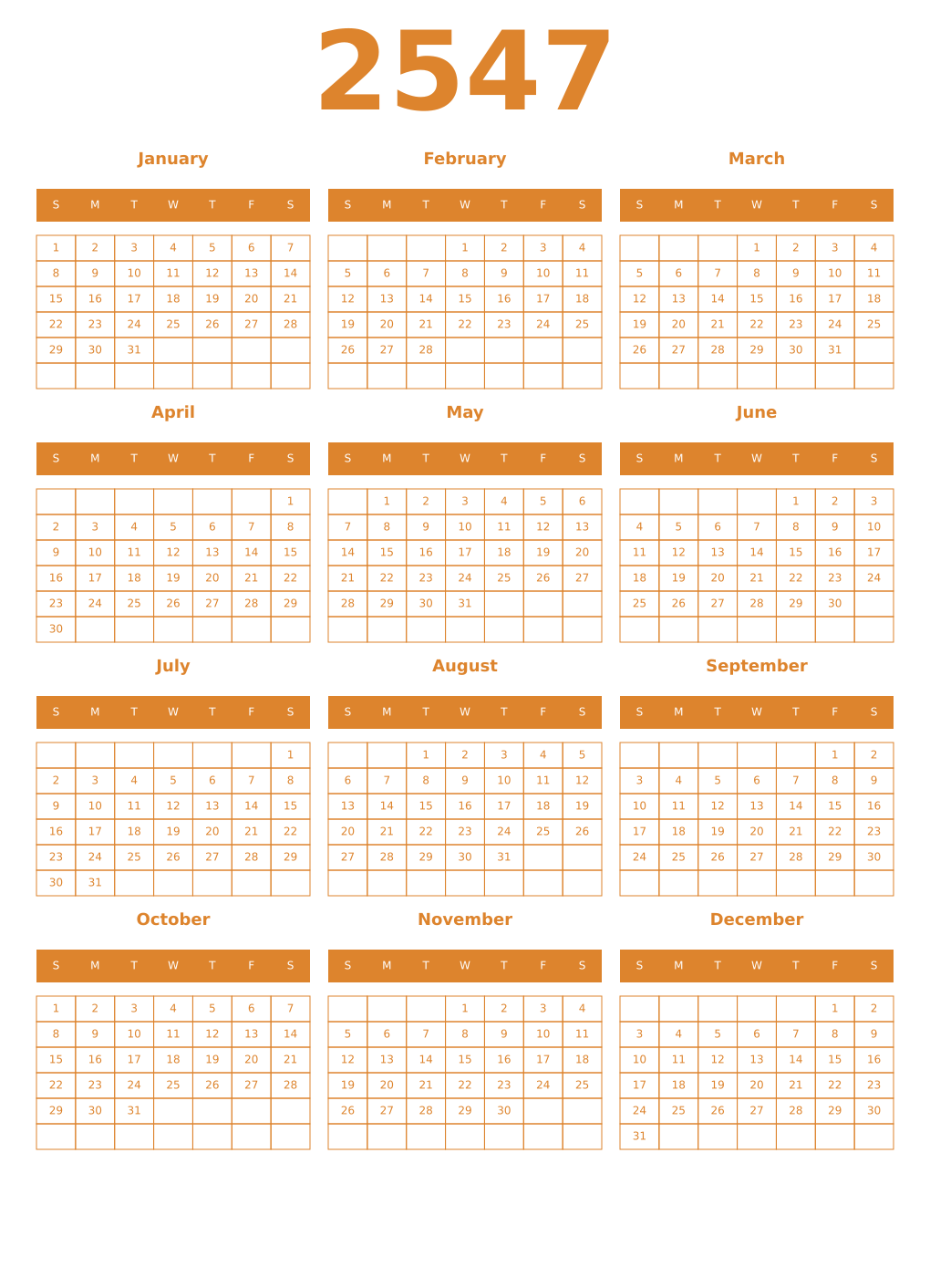 Printable 2547 Year Calendars orange