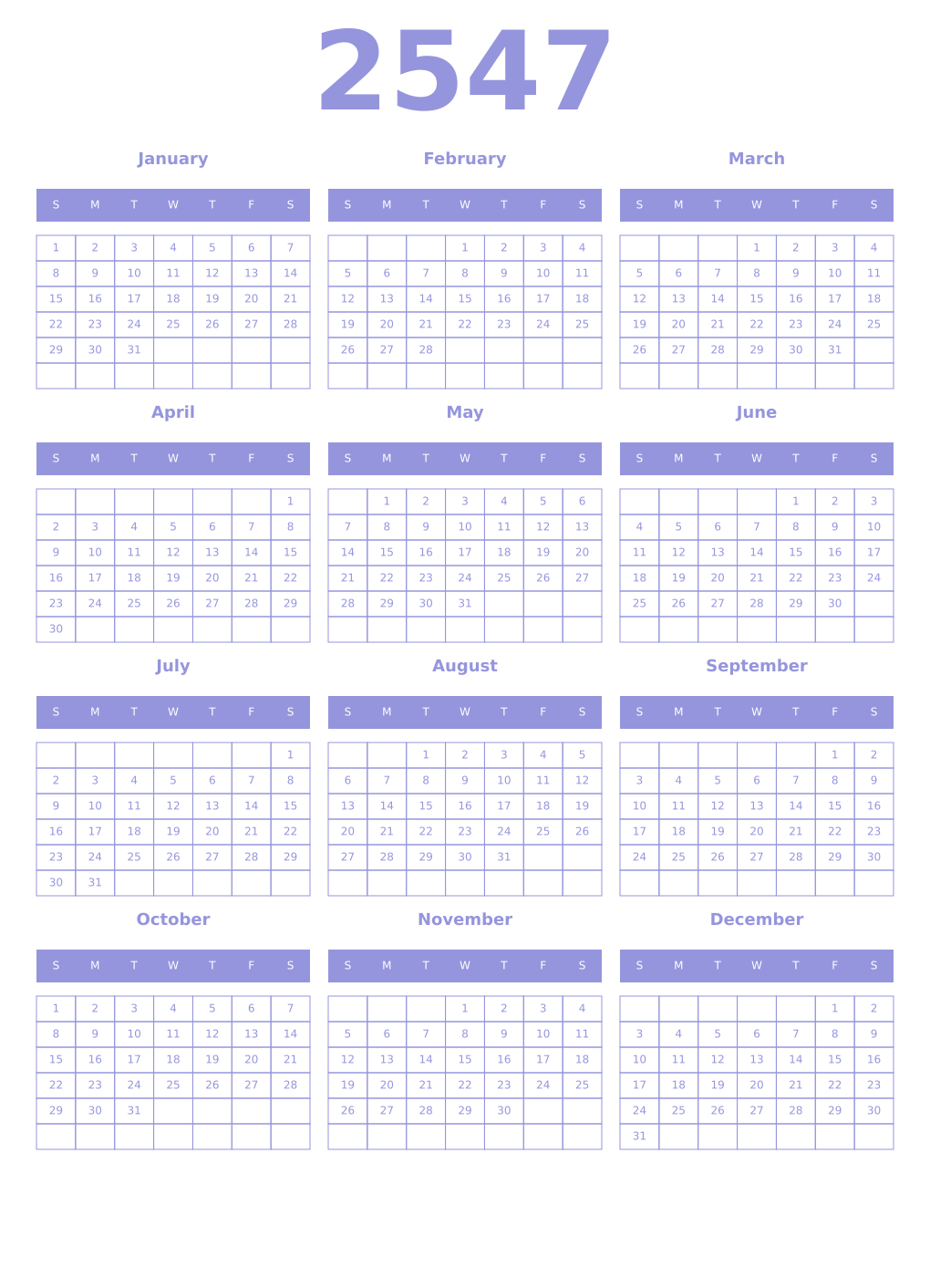 Printable 2547 Year Calendars periwinkle