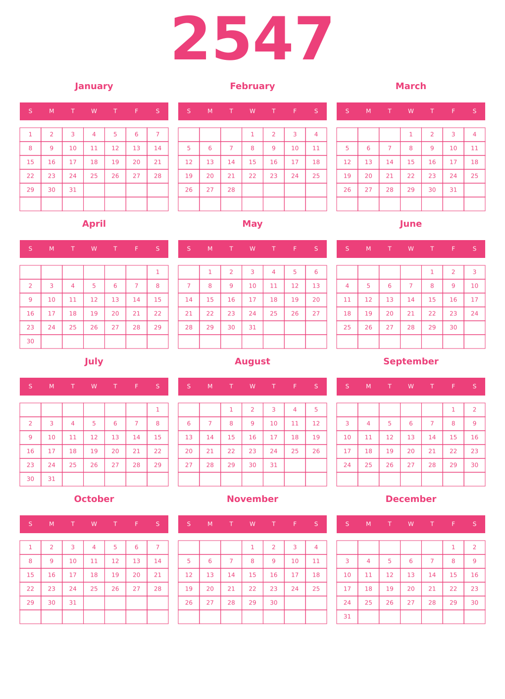 Printable 2547 Year Calendars pink