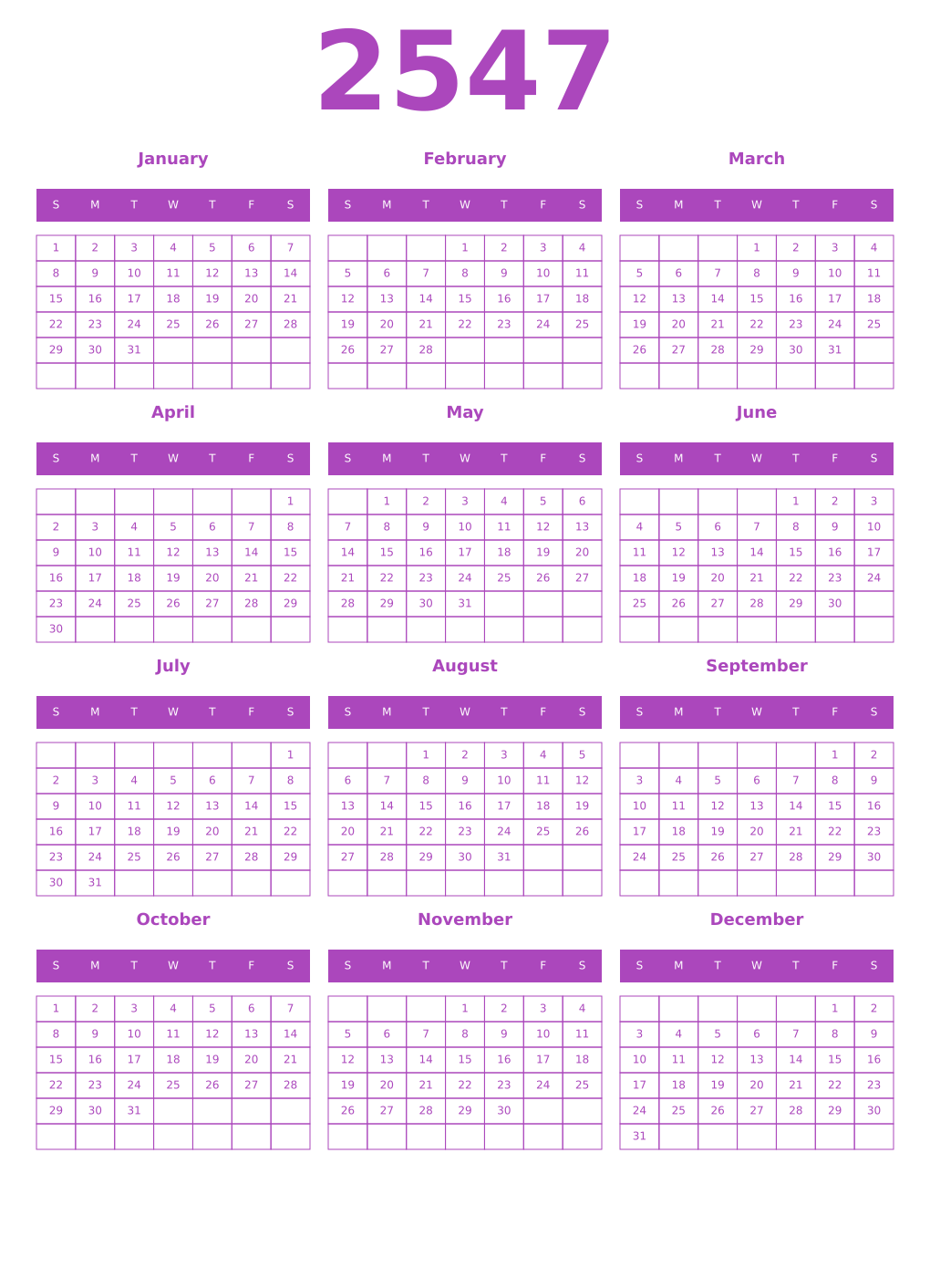 Printable 2547 Year Calendars purple