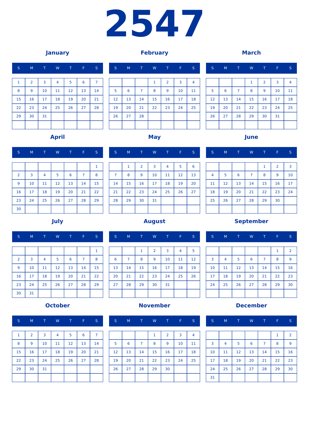 Printable 2547 Year Calendars smalt