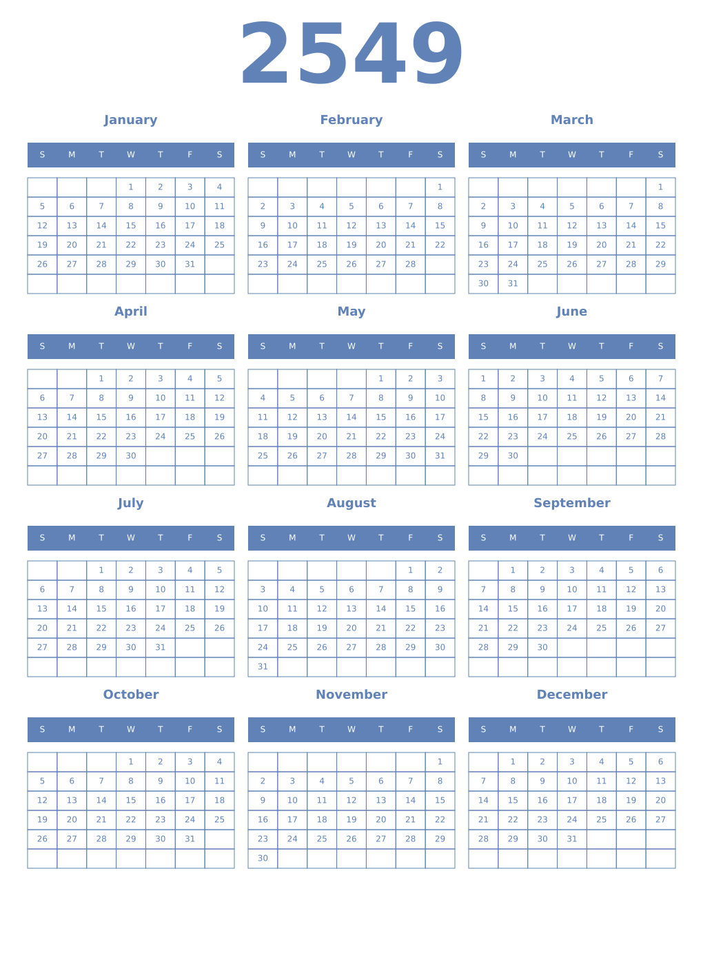 Printable 2549 Year Calendars glaucous