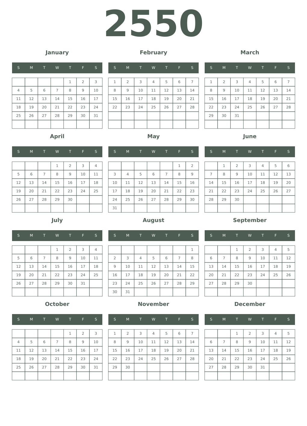 Printable 2550 Year Calendars feldgrau
