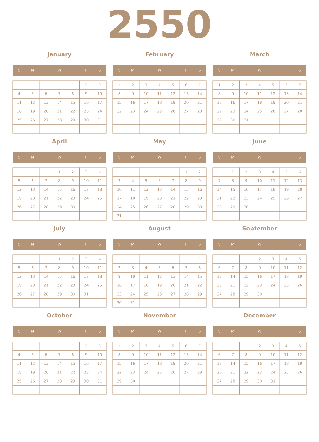 Printable 2550 Year Calendars isabelline
