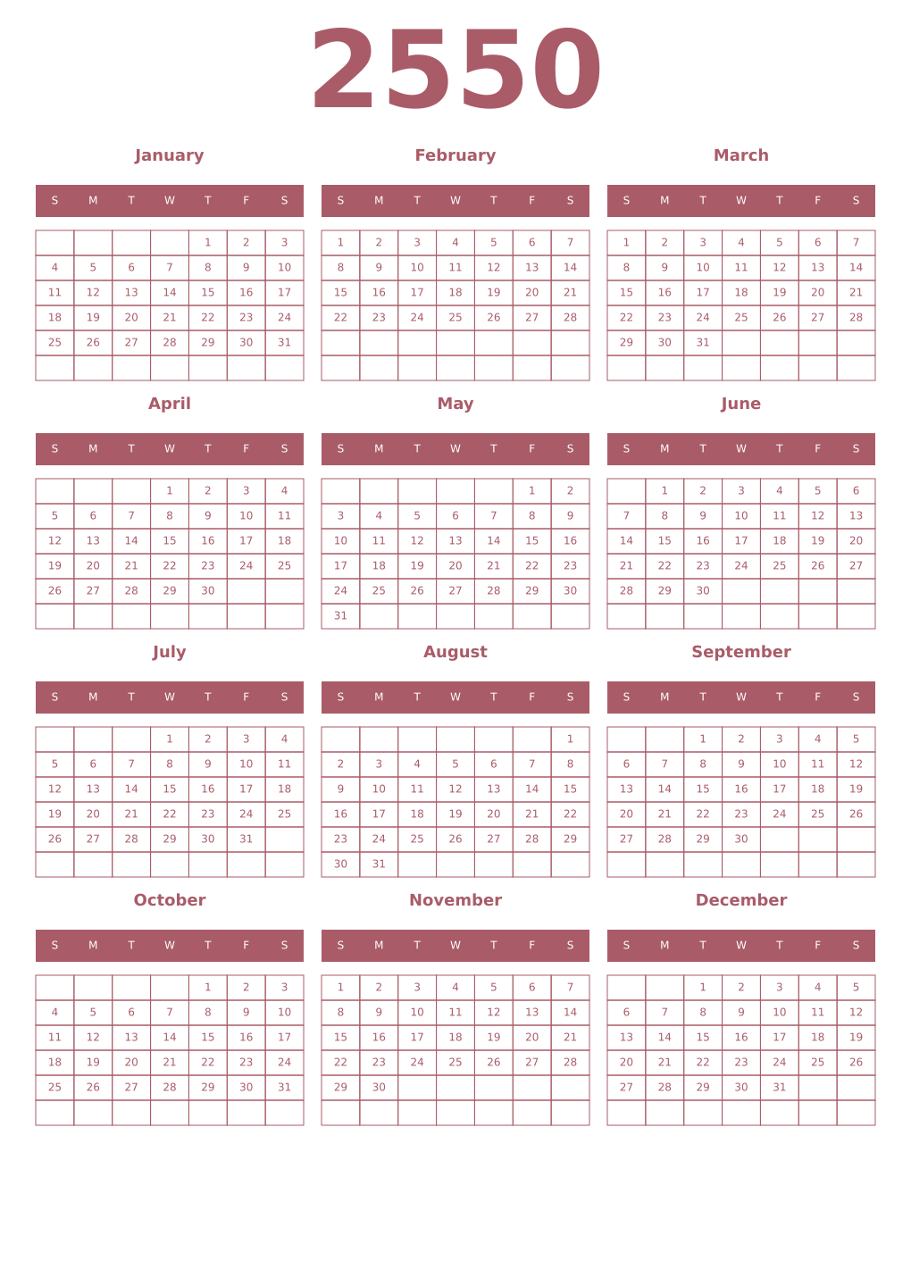 Printable 2550 Year Calendars puce