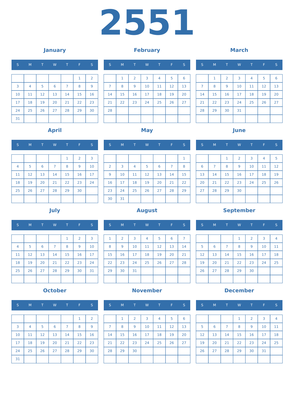 Printable 2551 Year Calendars blue