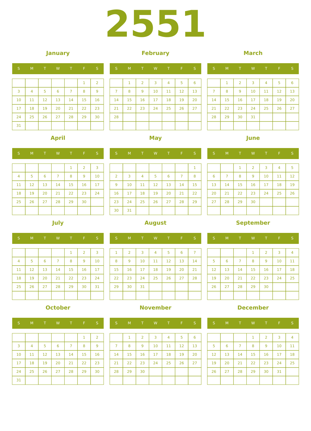 Printable 2551 Year Calendars chartreuse