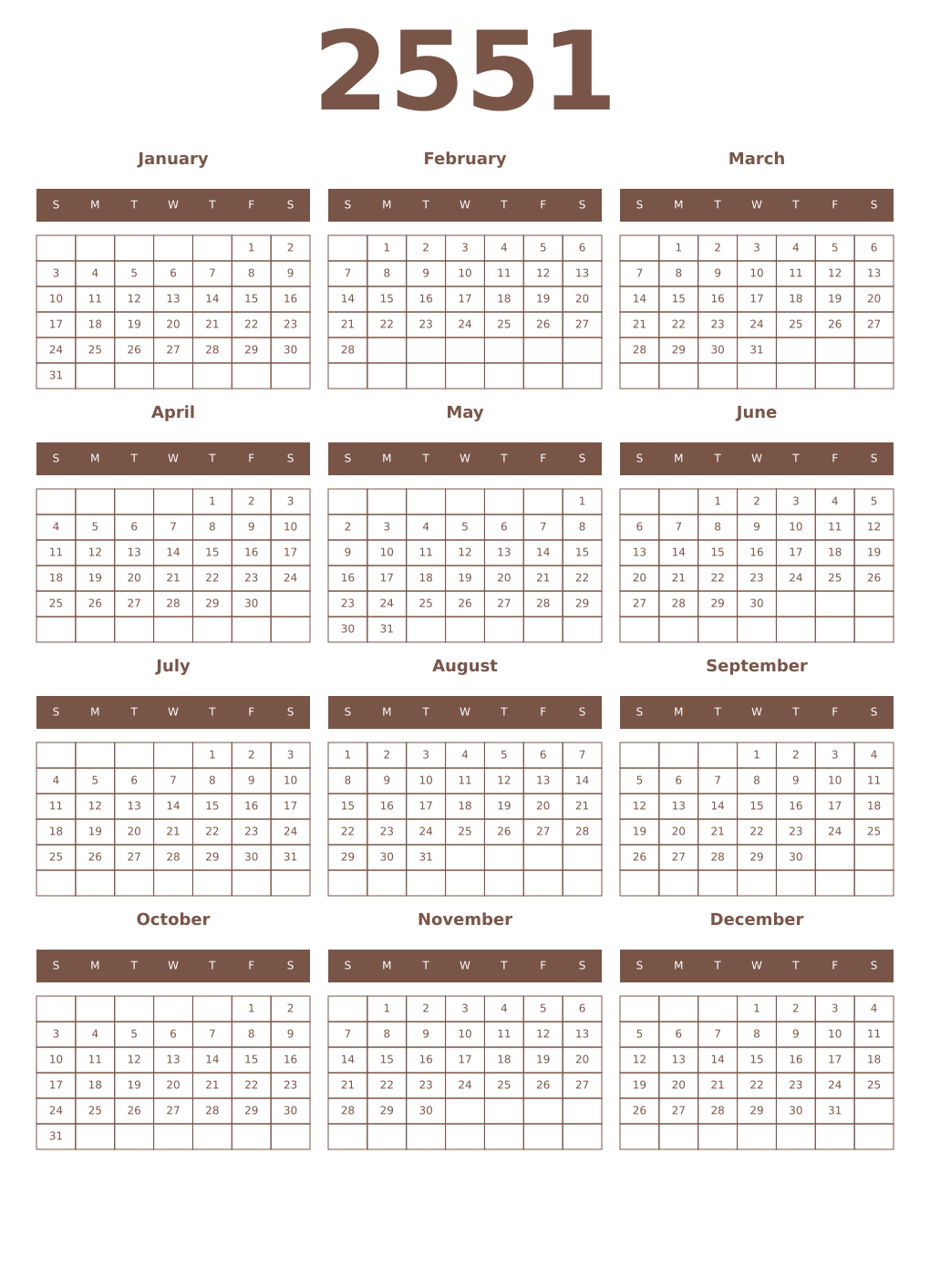 Printable 2551 Year Calendars coffe