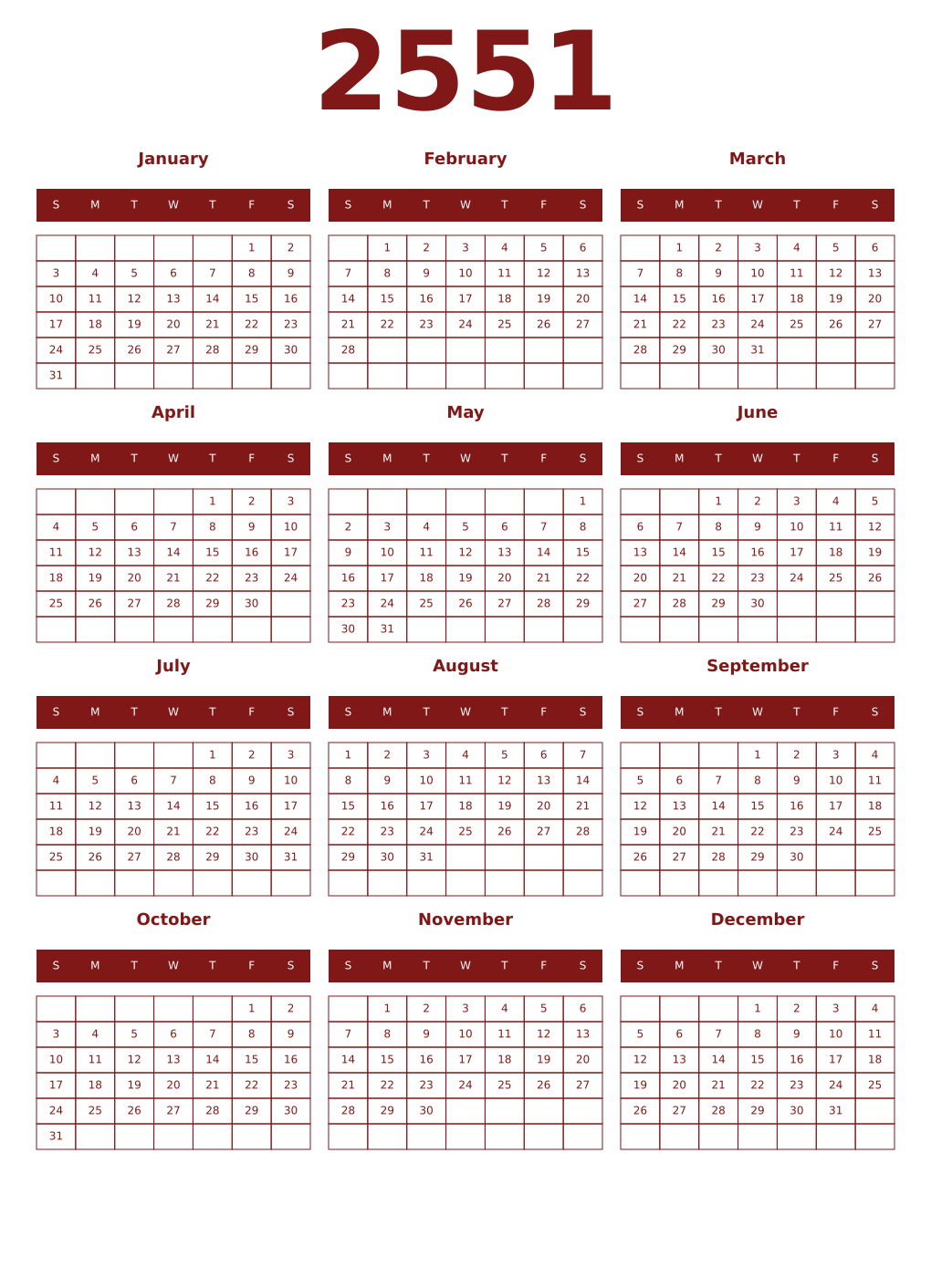 Printable 2551 Year Calendars falu