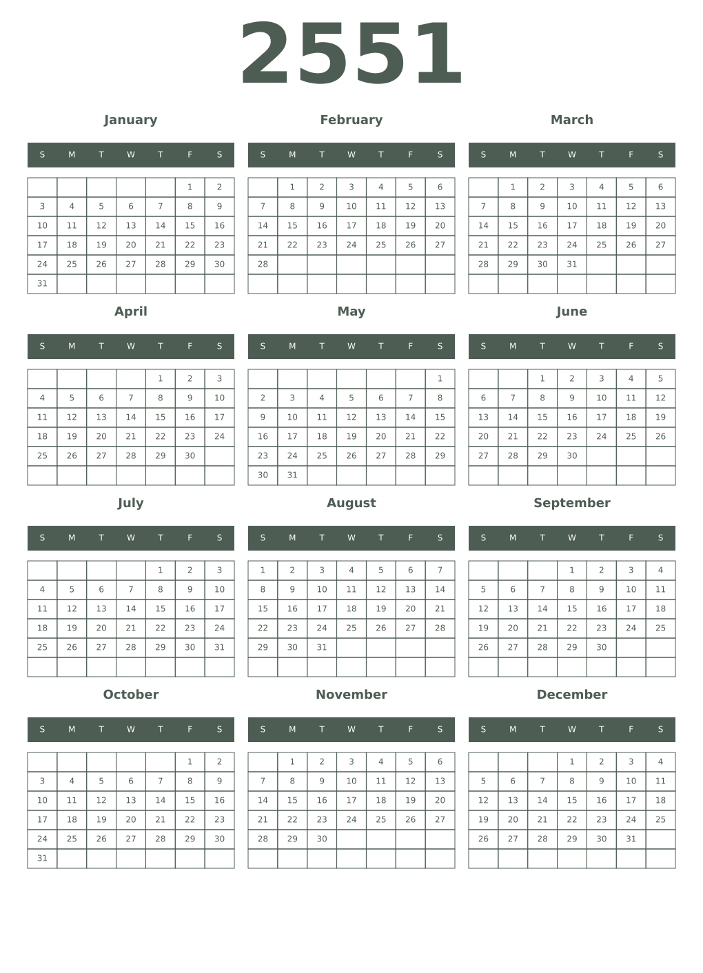 Printable 2551 Year Calendars feldgrau