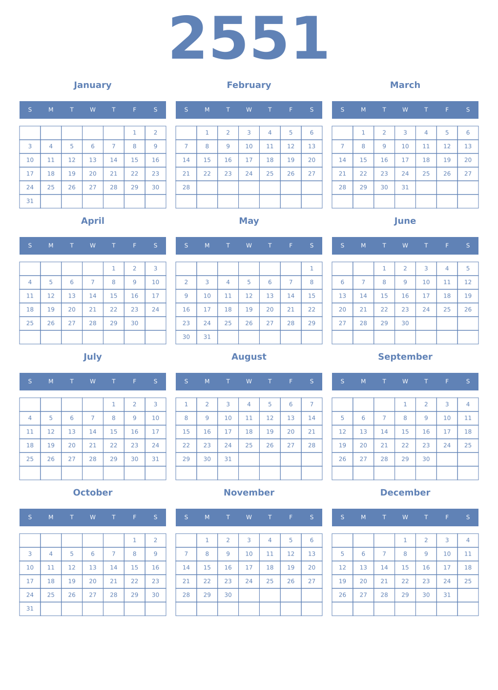 Printable 2551 Year Calendars glaucous