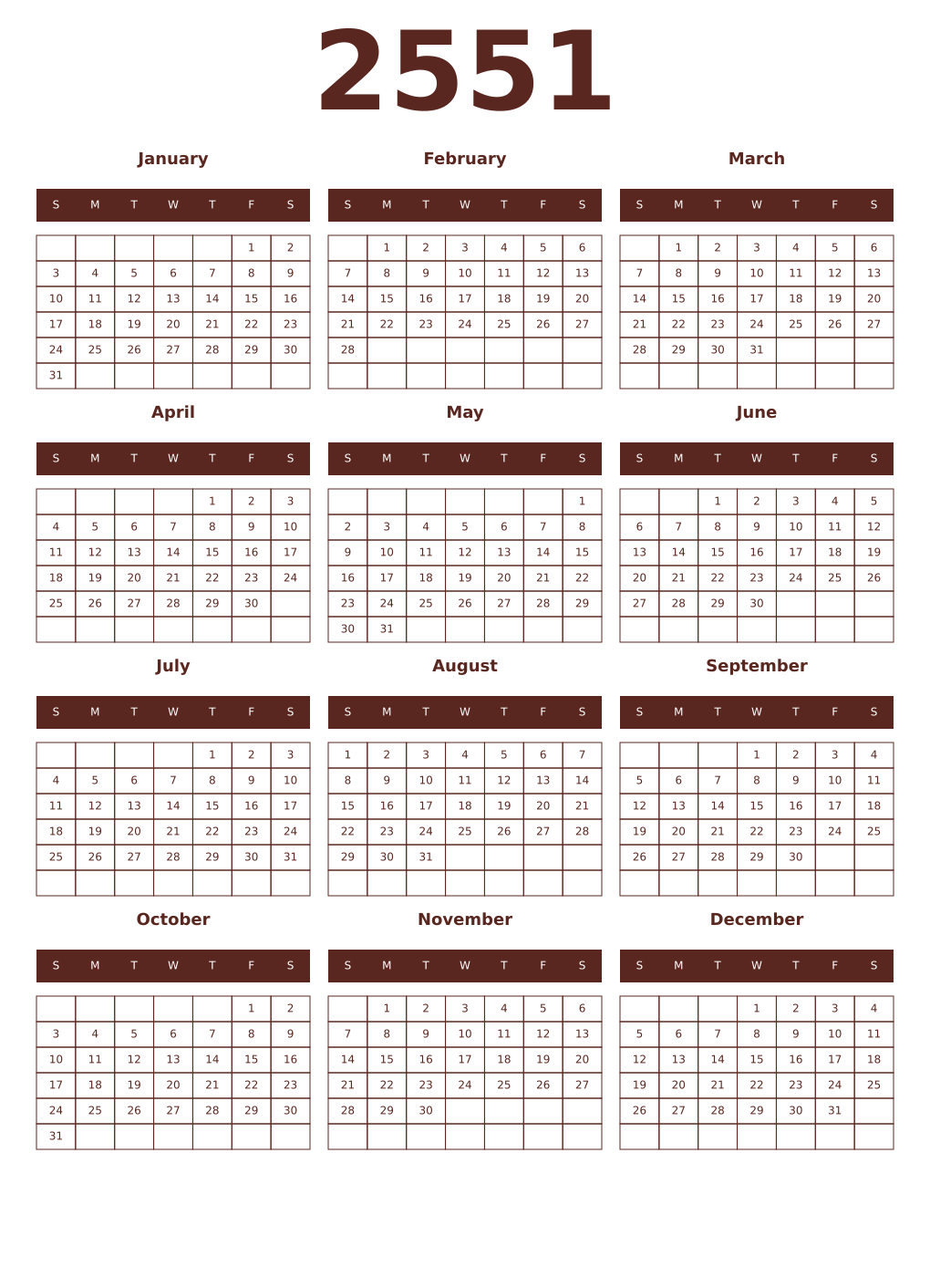 Printable 2551 Year Calendars mortuum
