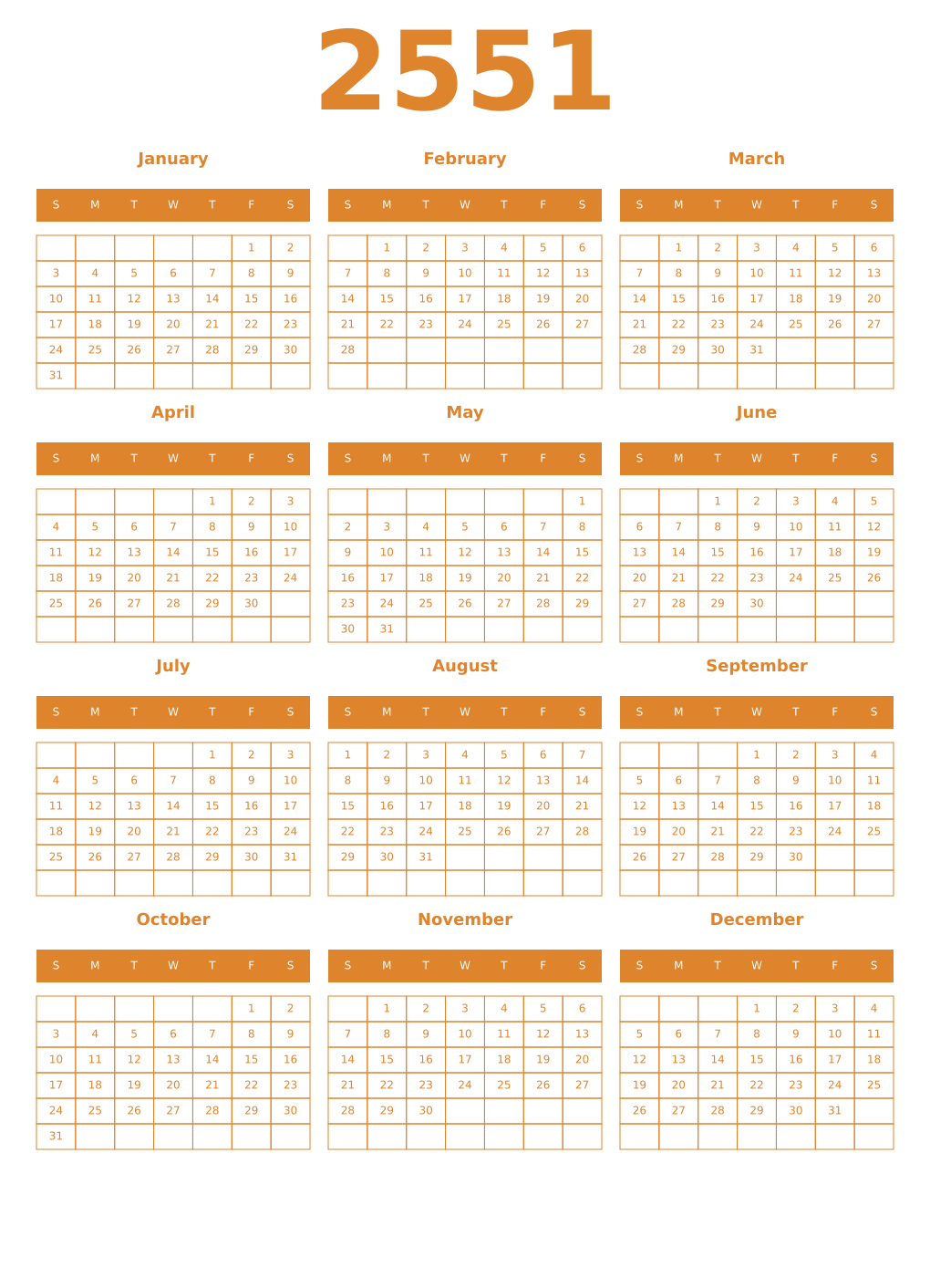 Printable 2551 Year Calendars orange
