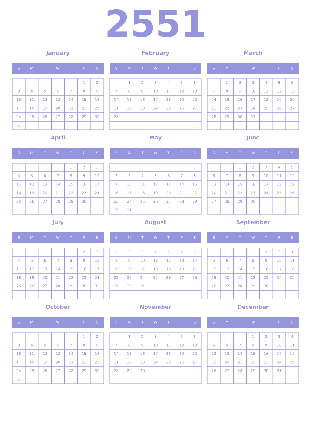 Printable 2551 Year Calendars periwinkle