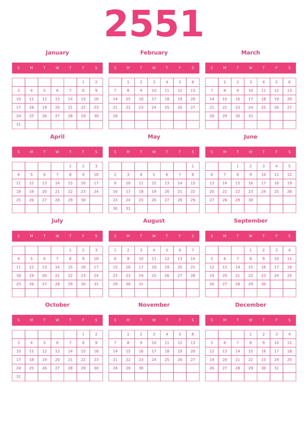 Printable 2551 Year Calendars pink