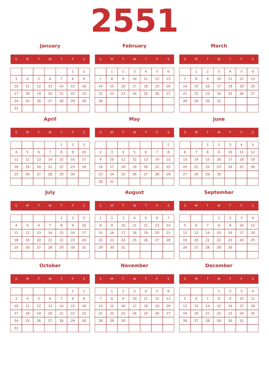 Printable 2551 Year Calendars red