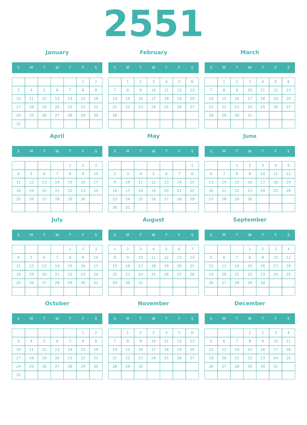 Printable 2551 Year Calendars verdigris