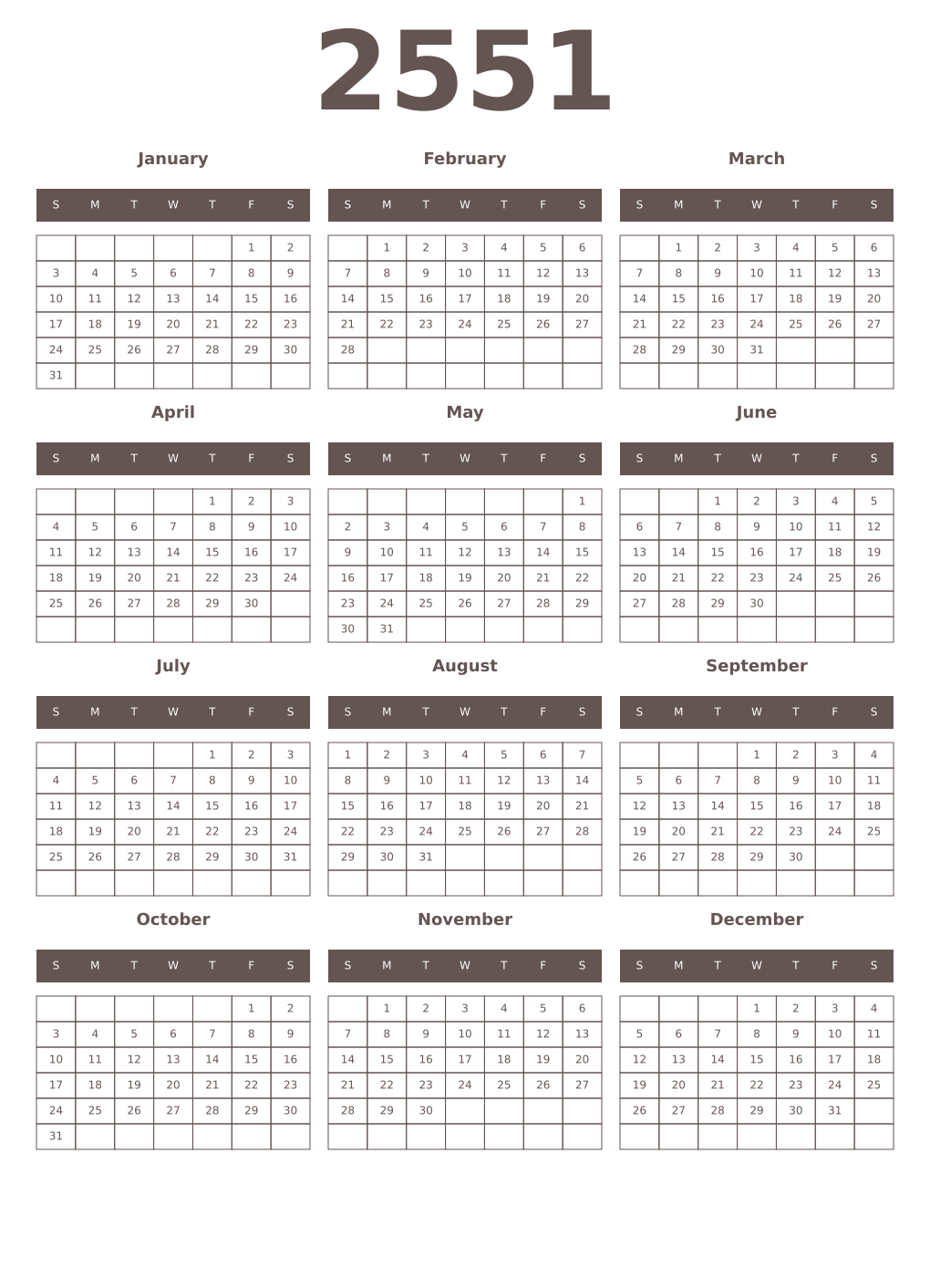 Printable 2551 Year Calendars wenge