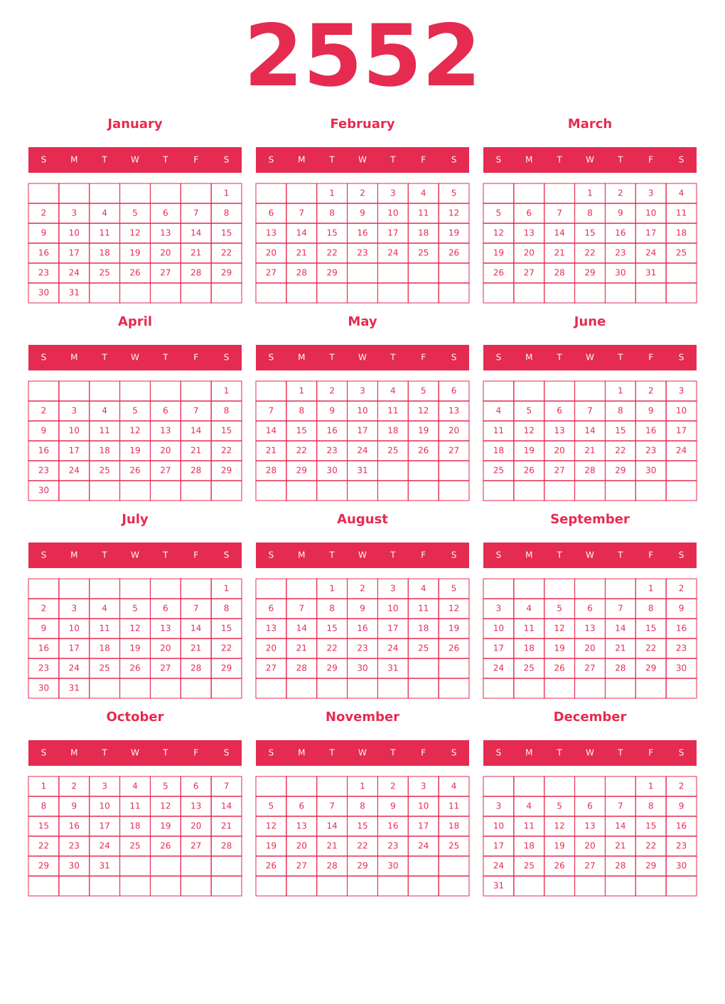 Printable 2552 Year Calendars amaranth