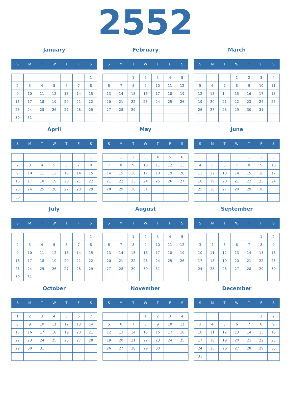 Printable 2552 Year Calendars blue