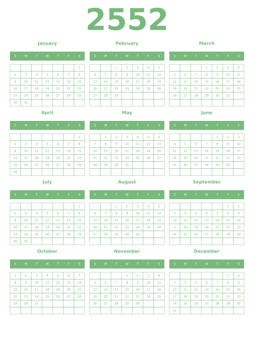 Printable 2552 Year Calendars celadon