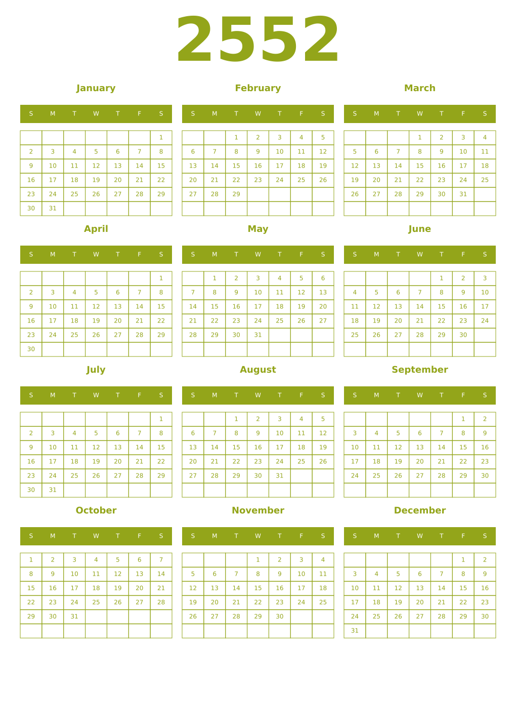 Printable 2552 Year Calendars chartreuse