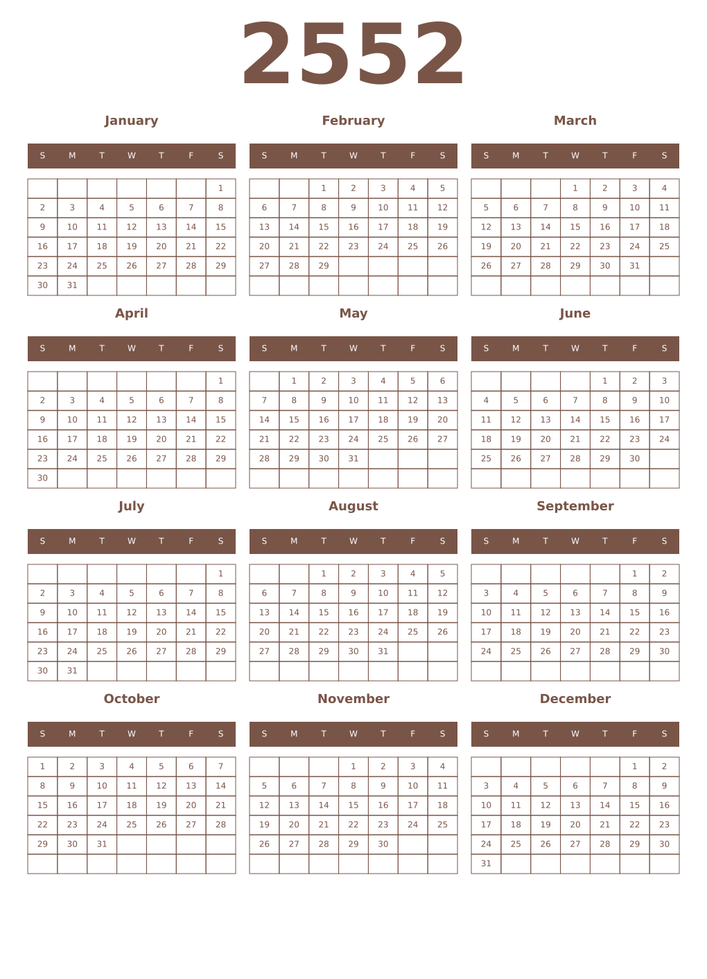Printable 2552 Year Calendars coffe