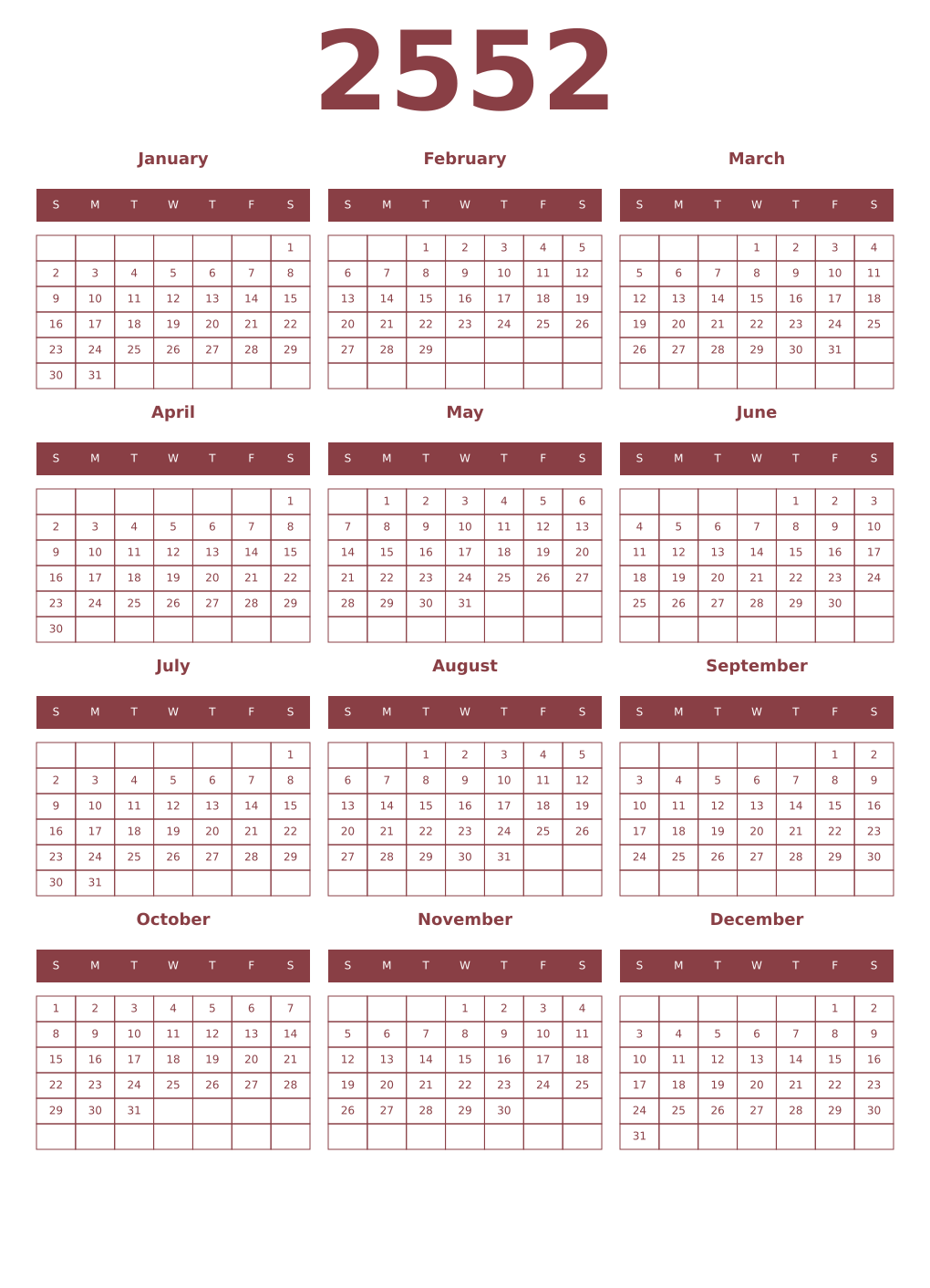 Printable 2552 Year Calendars cordovan
