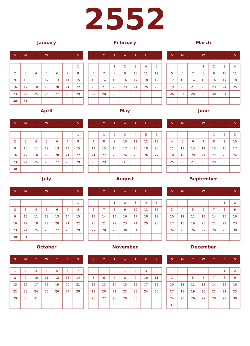 Printable 2552 Year Calendars falu