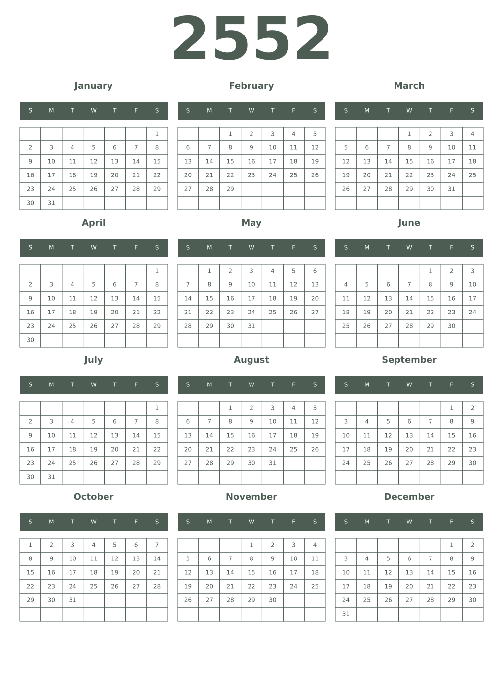 Printable 2552 Year Calendars feldgrau