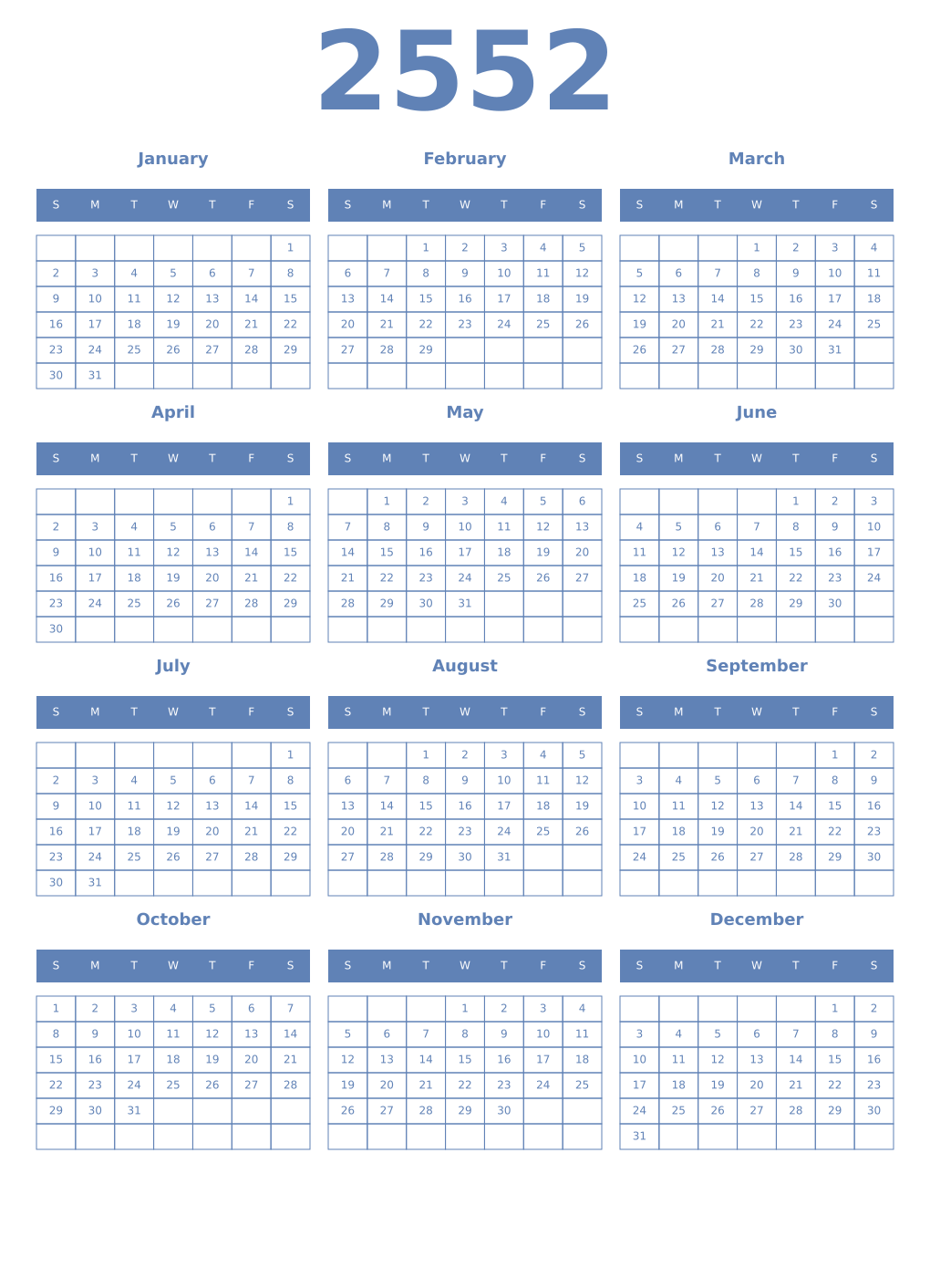 Printable 2552 Year Calendars glaucous