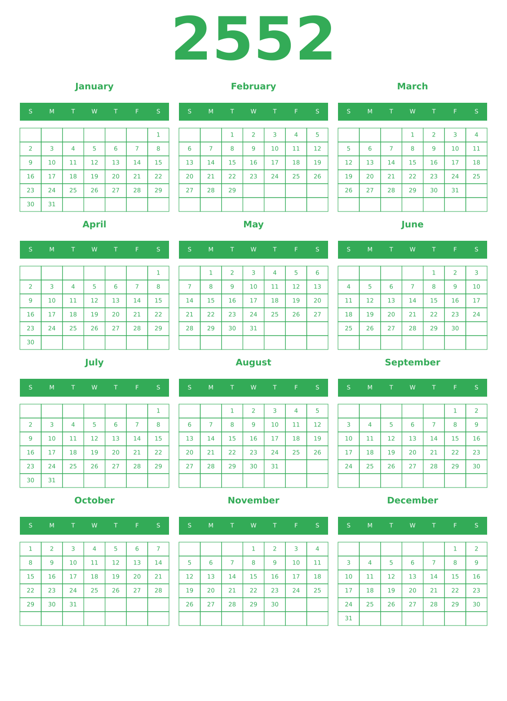 Printable 2552 Year Calendars green