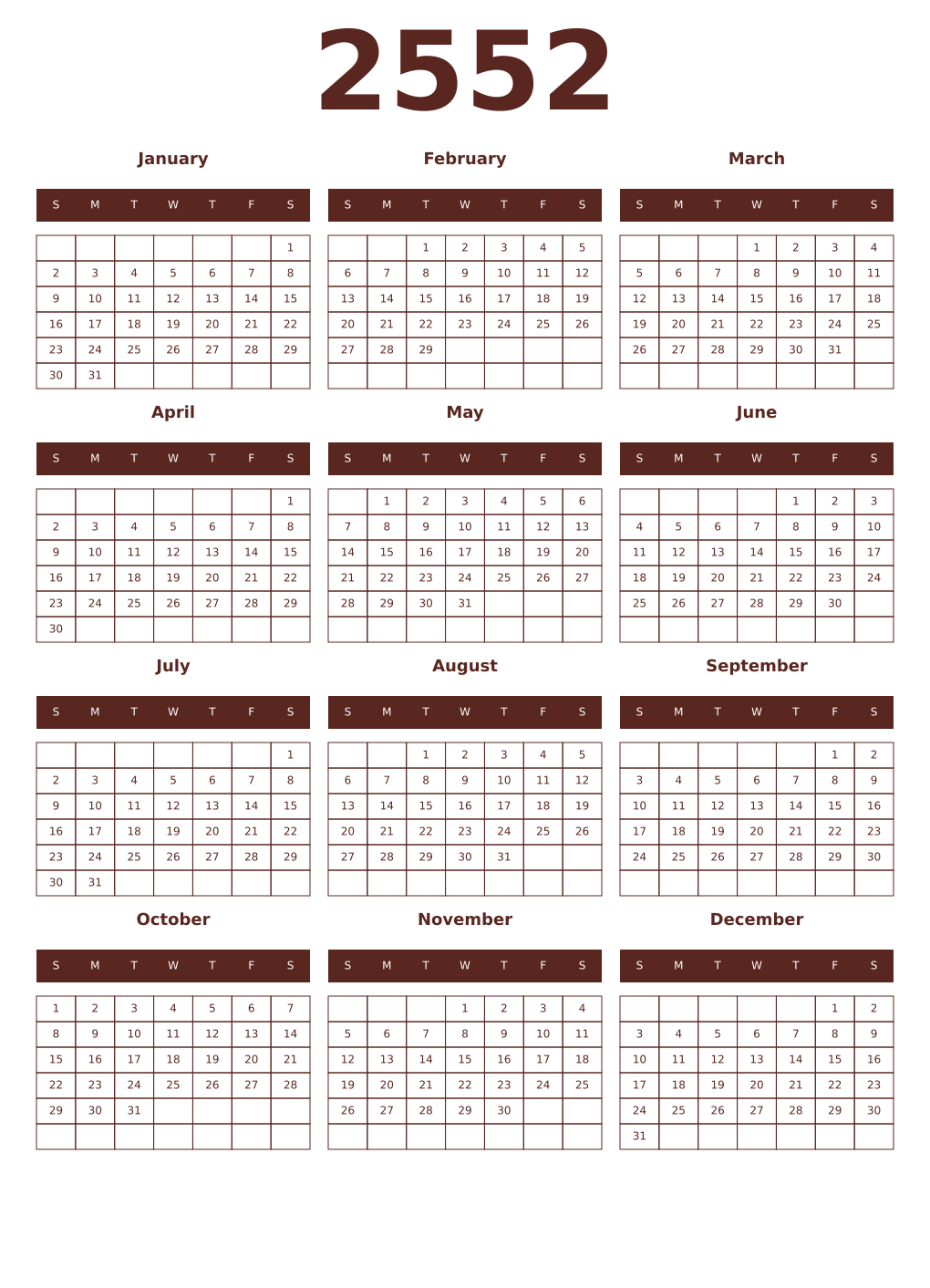 Printable 2552 Year Calendars mortuum