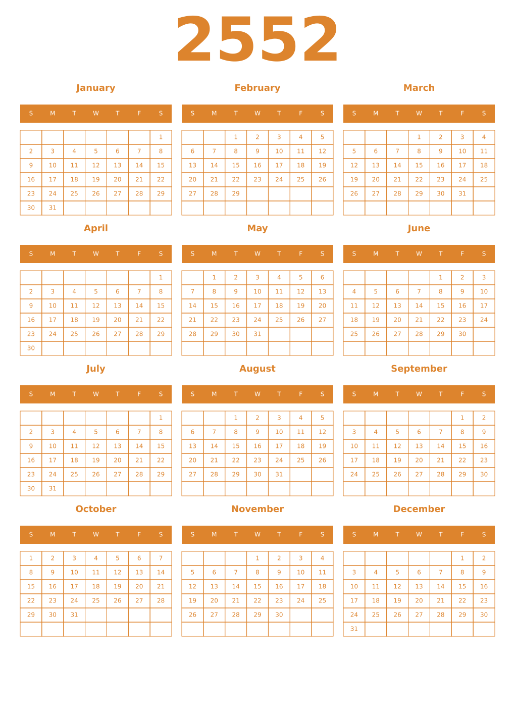 Printable 2552 Year Calendars orange