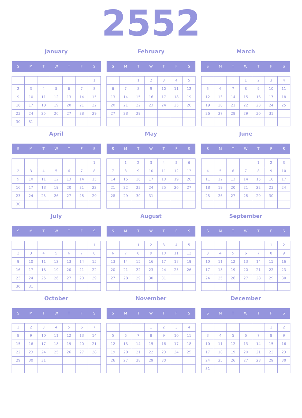 Printable 2552 Year Calendars periwinkle