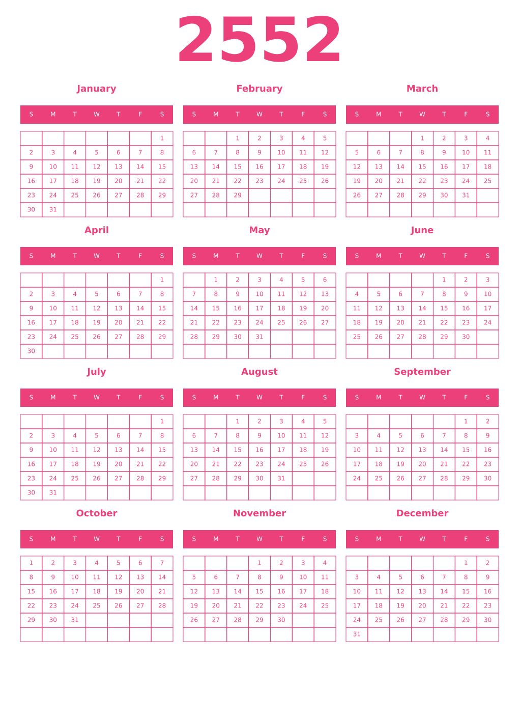 Printable 2552 Year Calendars pink