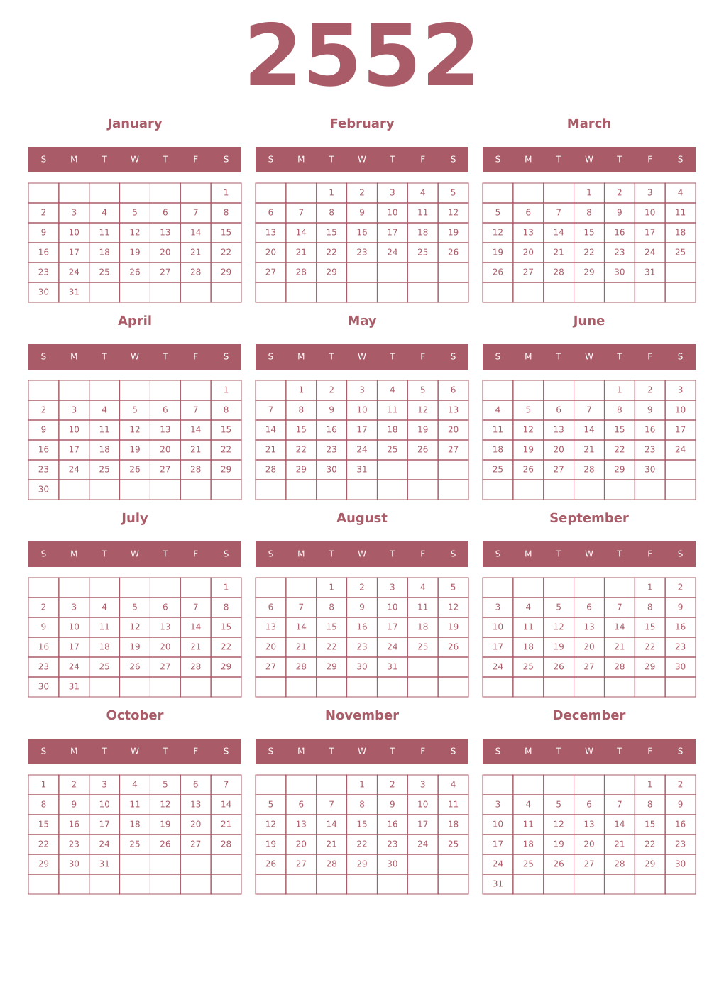 Printable 2552 Year Calendars puce