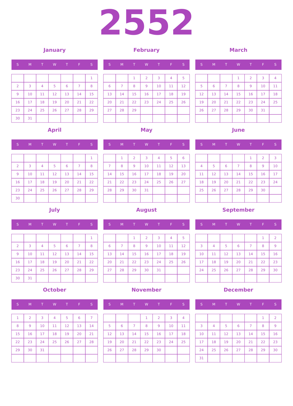 Printable 2552 Year Calendars purple