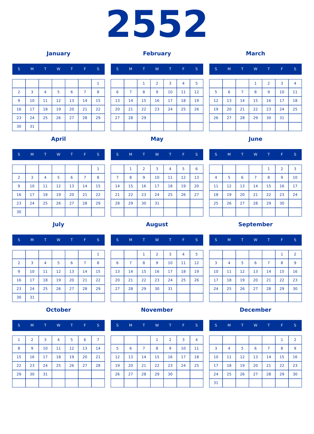 Printable 2552 Year Calendars smalt