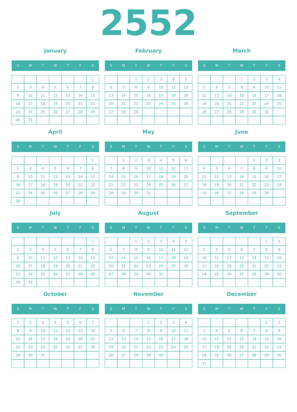 Printable 2552 Year Calendars verdigris