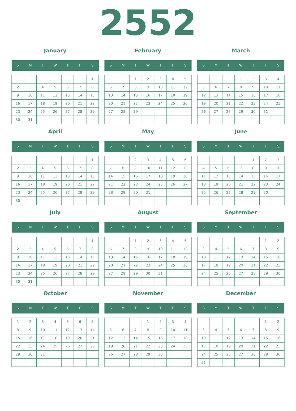 Printable 2552 Year Calendars viridian
