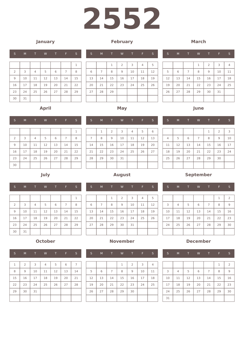 Printable 2552 Year Calendars wenge
