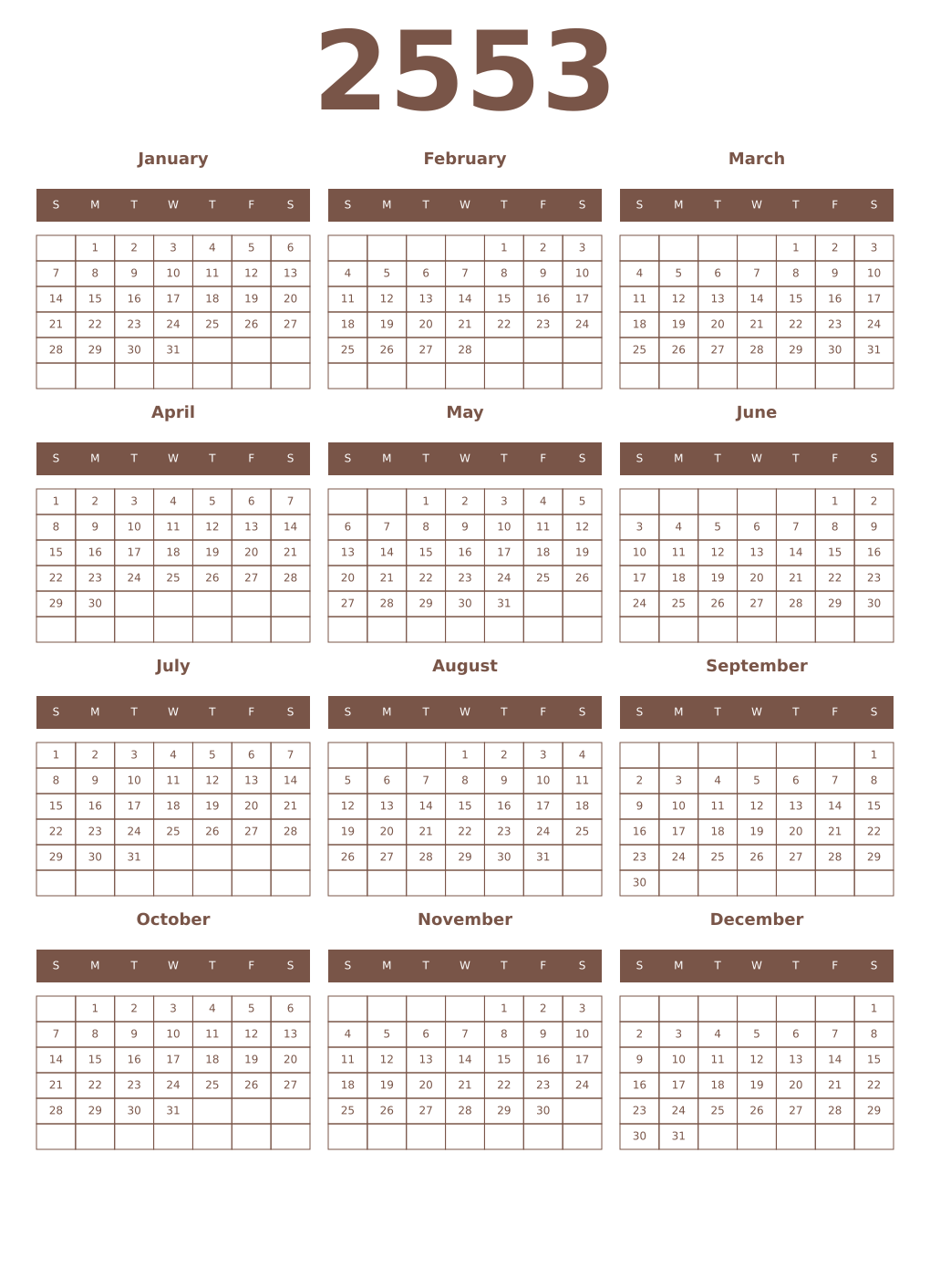 Printable 2553 Year Calendars coffe