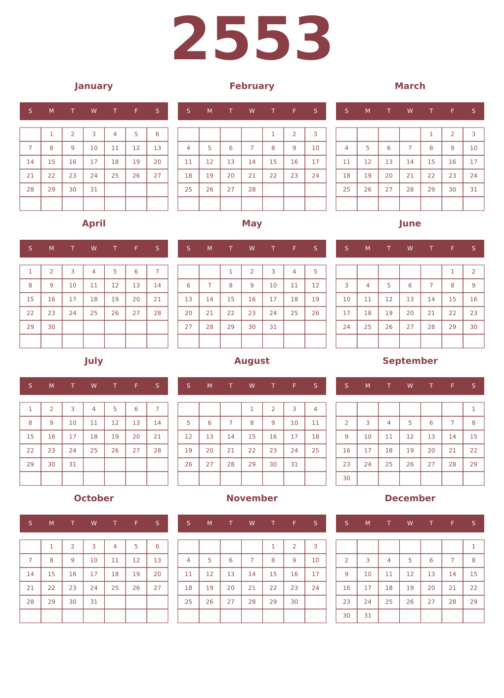 Printable 2553 Year Calendars cordovan