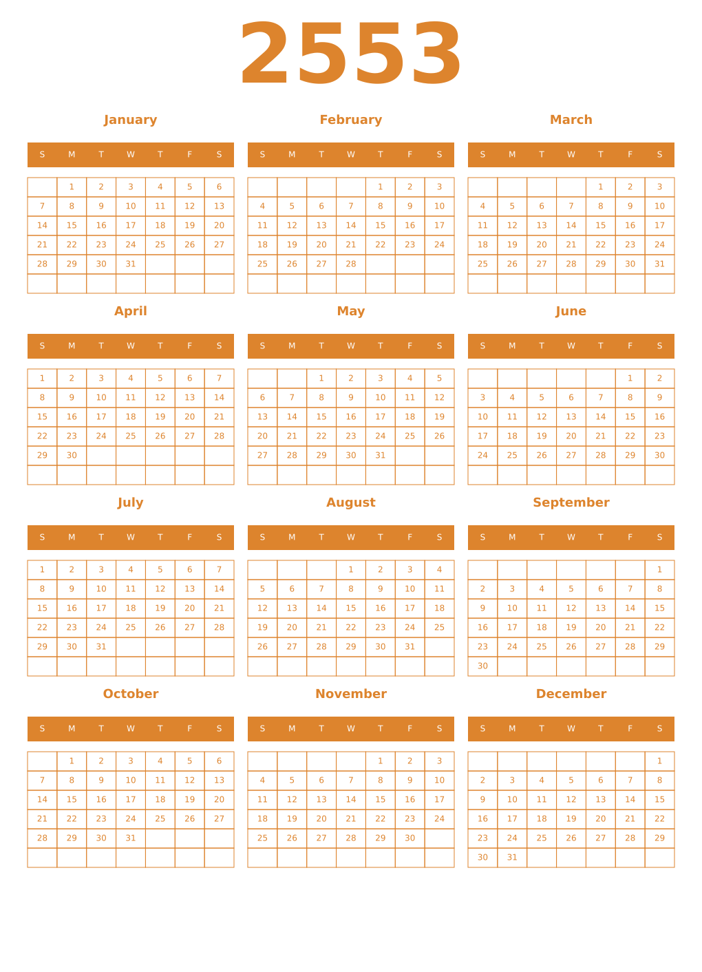 Printable 2553 Year Calendars orange