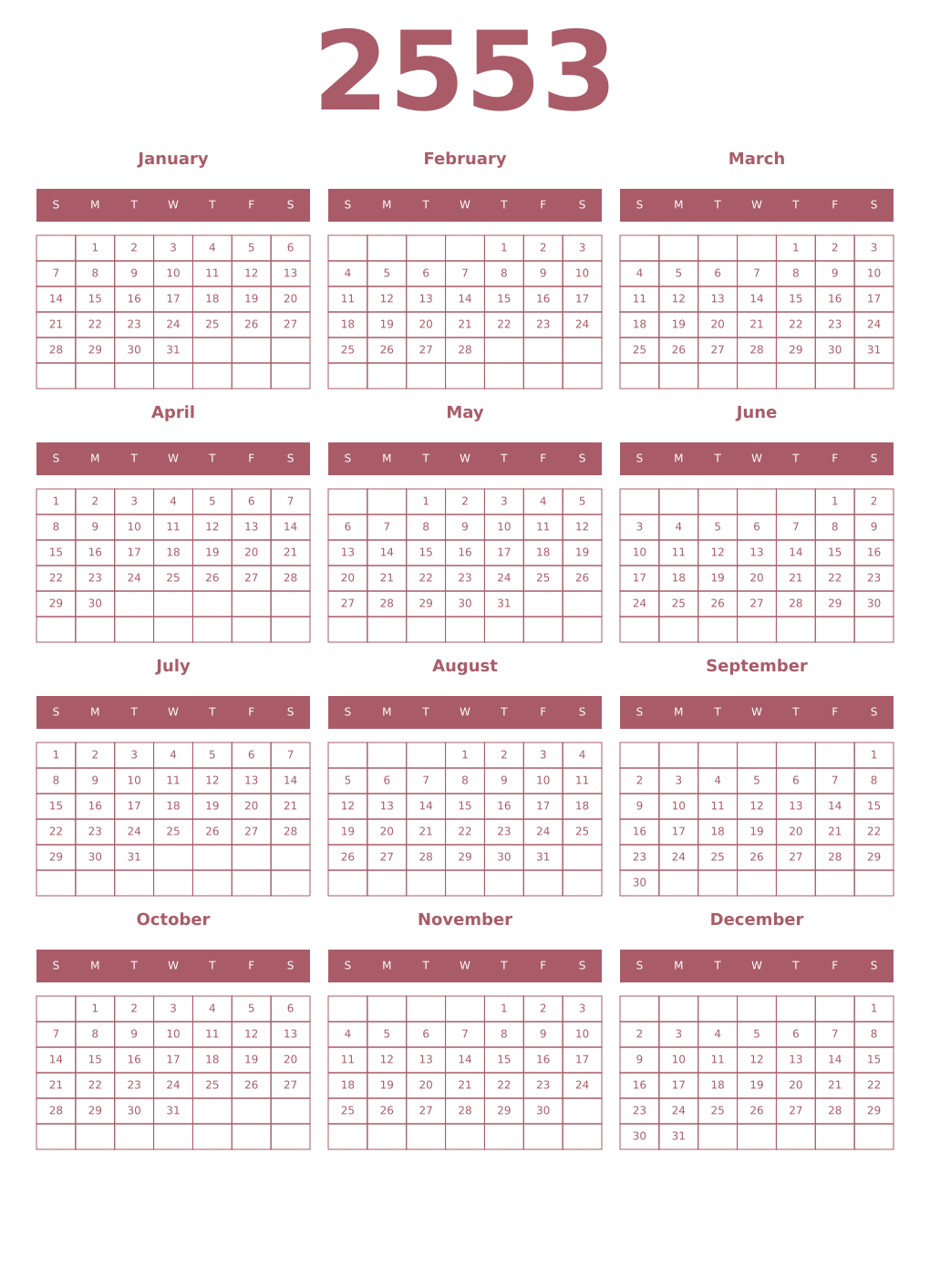 Printable 2553 Year Calendars puce