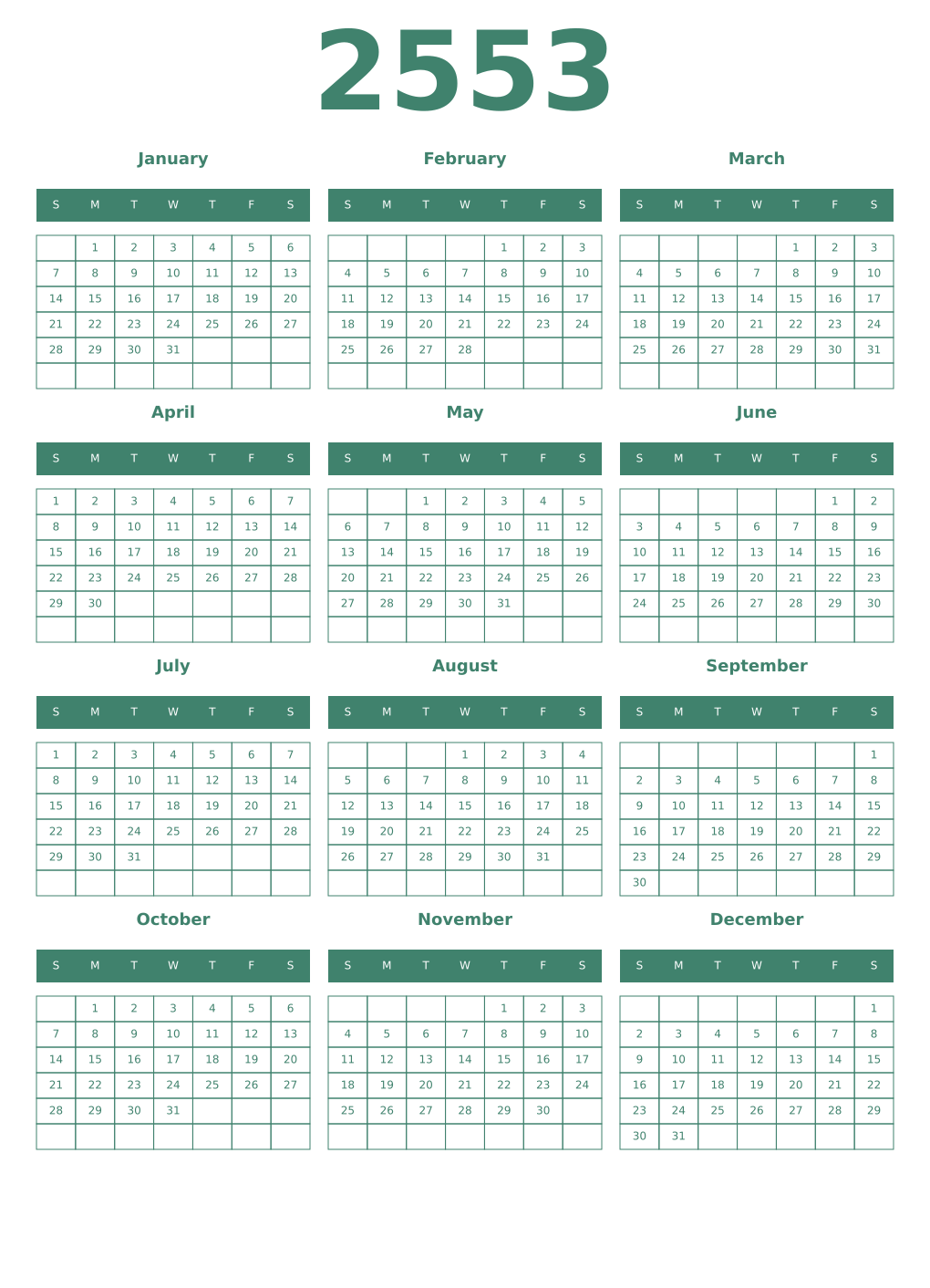 Printable 2553 Year Calendars viridian