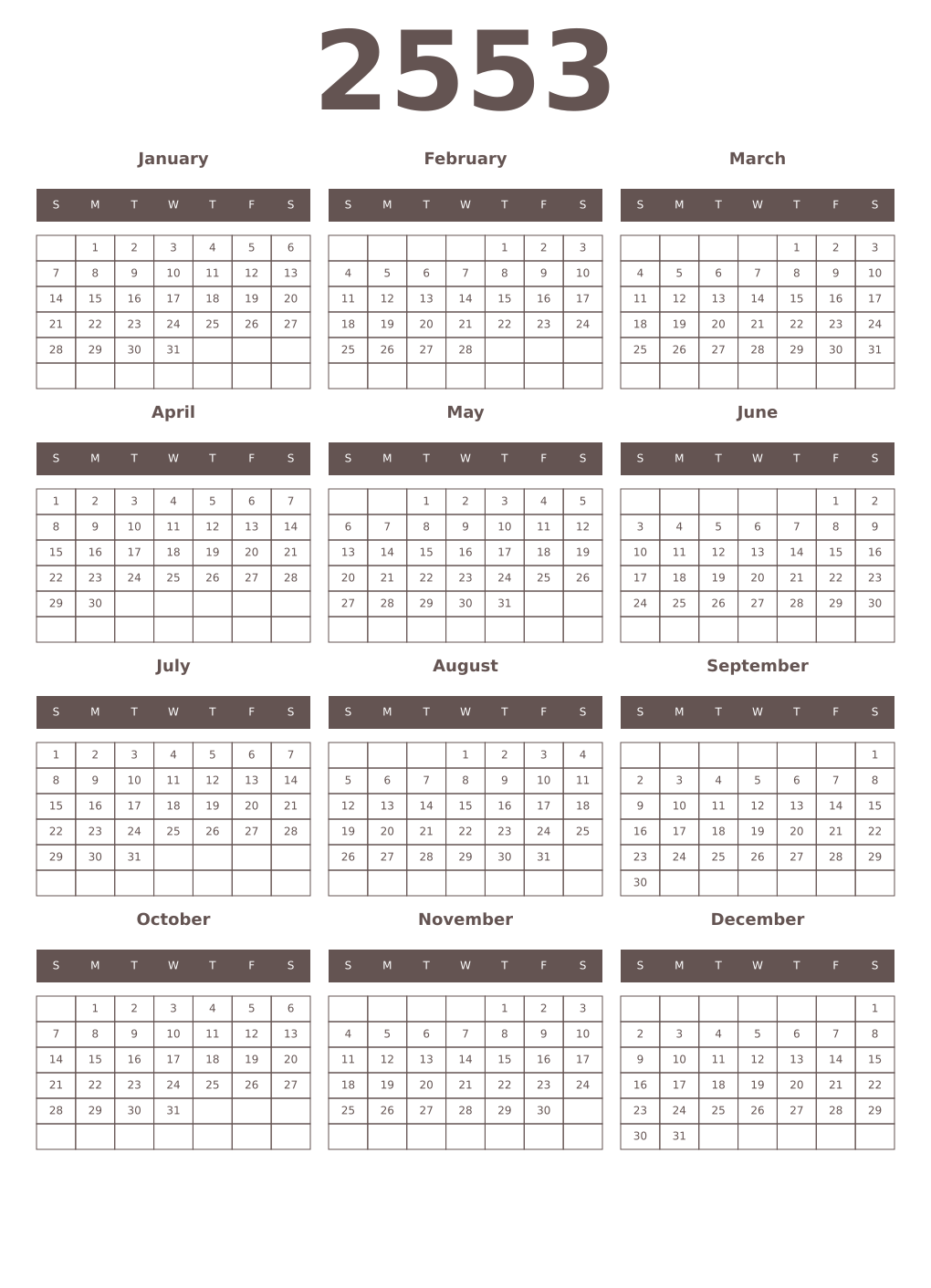 Printable 2553 Year Calendars wenge